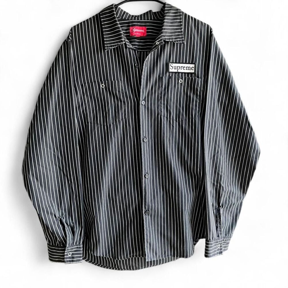 Supreme Pinstripe Button-Up Shirt – Black/White, Size L, Streetwear Classic